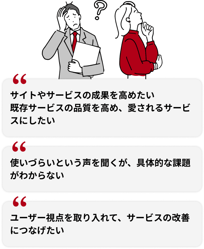 使いづらいという声を聞くが、具体的な課題がわからない/サイトやサービスの成果を高めたい既存サービスの品質を高め、愛されるサービスにしたい/ユーザー視点を取り入れて、サービスの改善につなげたい