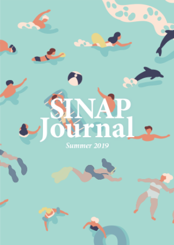 表紙 SINAP Journal Summer 2019 海で複数の人が泳いでいるイラスト。浮き輪やボール。イルカも2匹泳いでいる
