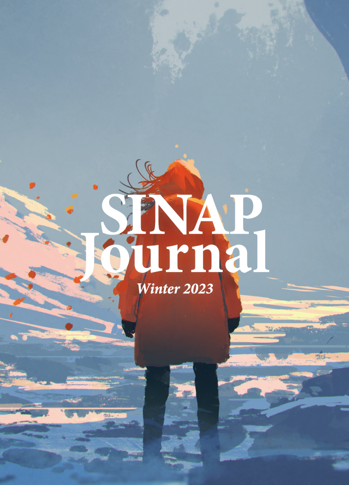 表紙 SINAP Journal Winter 2023 コートを着込んで朝焼けの空を見上げる人の後ろ姿のイラスト