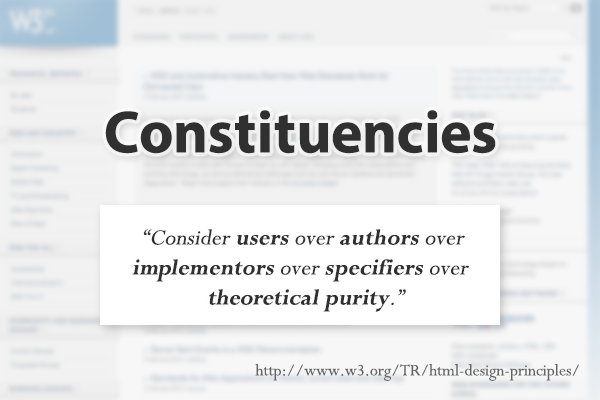 考慮すべきconstituencies「consider users over authors over implementors over specifiers over theoretical purity」